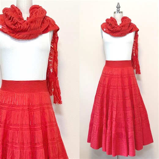 Vintage 50s Wool Lace Skirt and Shawl, Lana Sheer Hand Loomed Coral Circle Skirt With Fringed Scarf, Made in Austria - Etsy