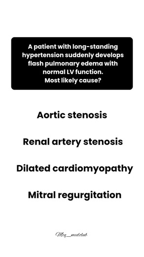 @mcq_medclub on Instagram: "Correct Answer is Renal artery stenosis 🫁 Explanation: Flash pulmonary edema with normal left ventricular (LV) function is classic for renovascular hypertension, usually due to renal artery stenosis (RAS). Why? RAS → sudden activation of the renin-angiotensin-aldosterone system (RAAS) Acute volume overload occurs → pulmonary edema LV systolic function is often normal, unlike in cardiomyopathy or valvular causes Aortic stenosis ❌ Usually causes LV hypertrophy → gradua