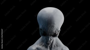 Grey Alien Looking downwards and then towards the camera Closeup of face Realistic 3D Animation with Alpha Map for Background Removal UHD 4K