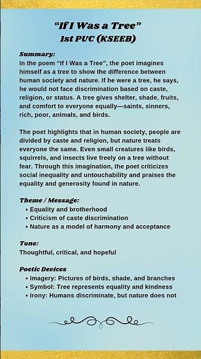 If I Was a Tree Summary |1st PUC English Theme, Poetic Devices KSEEB|Leeladhar Jagudi #shortsfeed