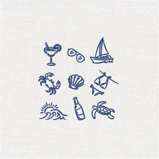Coastal Embroidery Design Set, Beach Vacation Icons Embroidery, Summer Doodle Designs, Boat Margarita Seashell Tortoise Machine Embroidery - Etsy
