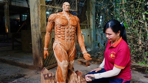 Detailed wood carving Colossal Titan from Attack on Titan