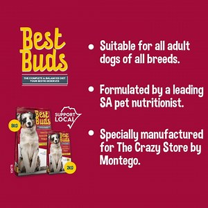 2.3K views · 160 reactions | Give your fluffy friend a balanced, nutritious, and delicious meal specially manufactured for The Crazy Store by Montego. Suitable for all adult dog breeds and paw-fectly formulated by a leading South African pet nutritionist, visit selected Crazy Stores to try Best Buds' must-munch range. Get 2kg for R49.99 or 8kg for R149.99 at a store near you! https://bit.ly/3kjFGZ7 | The Crazy Store | Facebook