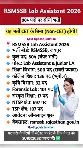 राजस्थान प्रयोगशाला सहायक भर्ती 2026 | RSMSSB Lab Assistant New Vacancy Details | 804 Posts #shorts