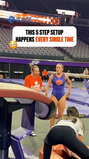 Planet of Gymnastics on Instagram: "This 5 step vault setup has to happen 𝒆𝒗𝒆𝒓𝒚 𝒔𝒊𝒏𝒈𝒍𝒆 𝒕𝒊𝒎𝒆 for every single gymnast in order to ensure the athlete can safely perform. 7-8 gymnasts need to warm up 3-4 vaults EACH during the first 15 minute warm up before the meet… and then there is a 4 minute quick touch warm up right before that event is competed 🤯 Presented by @usglove | @clemsongymnastics"