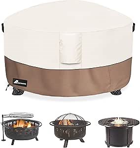 Fire Pit Cover Round 48 Inch Waterproof,Outdoor Heavy Duty Durable 600D Tear-Resistant Fire Pit Table Cover,Patio Round Firepit Cover 48" D x 24" H, Beige