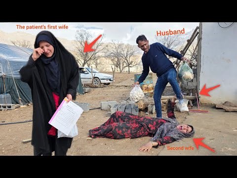 The husband returns home in the absence of the sick first wife and is angry with evil second wife.