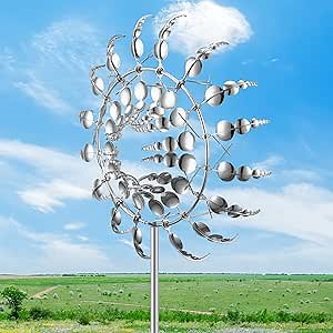 Upgraded Magical Metal Windmills Wind Sculptures Spinners Wind Powered Catchers Magic Windmill for Yard Garden Outdoor Lawn Patio Decor, Silver