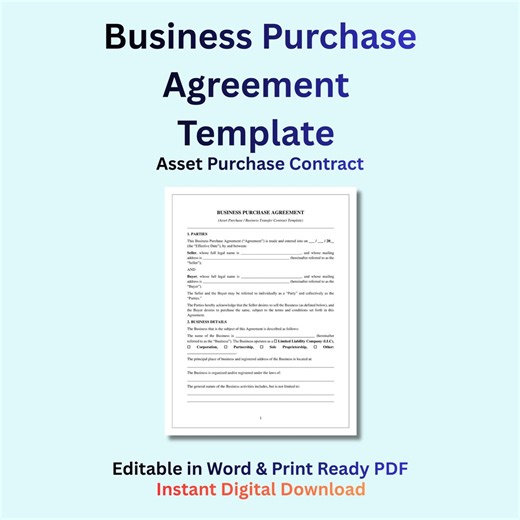 Business Purchase Agreement Template | Asset Purchase Contract | Business Sale Agreement | Editable Legal Form - Etsy