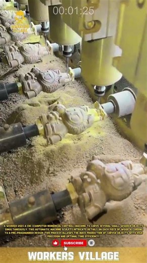 A worker uses a CNC machine to carve several small wooden objects simultaneously #workersvillage