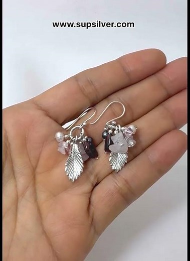 925 Sterling Silver Earrings: Multi-Stone & Leaf Design | Artisan Handmade Dangle Jewelry