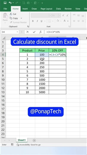 How to calculate discount in Excel #exceltutorial #excel #techtips