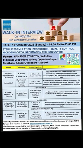 Micro Labs Walk In interview for Production, Quality Control, Microbiology and IT #walkininterview