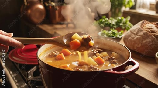 Cooking vegetable stew in pot with steam