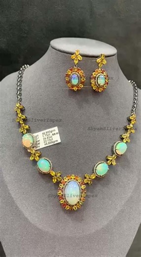 Ethiopian Opal and Sapphire Necklace Earring, Pavé Diamond 925 Silver Jewelry ,wedding Anniversary Gift - Etsy