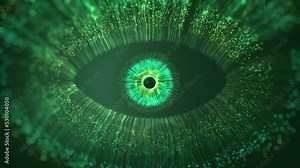 Digital human iris lines of green after an explosion scattering from a bright circle and forming a three-dimensional human eye model. 3D rendering animated abstract background in 4K