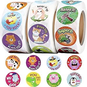 Animal Stickers for Kids 3 Rolls, 1500Pcs - Shiny Cute Animal Stickers with 8 Assorted Designs - Self-Adhesive & Waterproof – Motivational & Reward Stickers for School (1 inch)