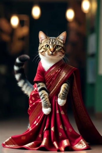 Cutest Cat Bride Ever 😻💍 Wearing a Red Shari!”