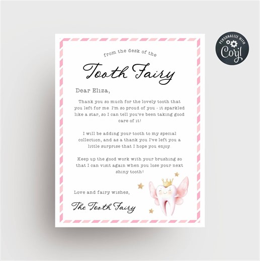 Editable Tooth Fairy Letter Template, Printable Note From Tooth Fairy Pink, First Tooth Receipt, Instant Download - Etsy
