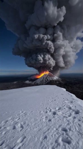 🌋❄️ “Fire Above the Frozen Silence” — when ice meets eruption #ai #mountains #winter #volcano