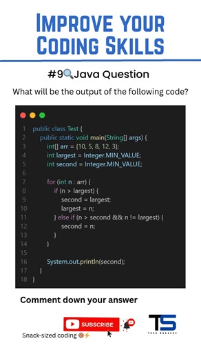 Tech Snaackz on Instagram: "Find the Second Largest Number in Array 🤔 est your Java skills with this intermediate-level coding MCQ! In this short, we find the second largest number in an integer array using a simple loop-based logic. This type of question is very common in Java interviews, coding rounds, and placement tests, especially for freshers and beginners. 📘 Concepts Covered: Arrays in Java Largest & second largest logic Loop iteration Dry-run approach used in interviews This Java quest