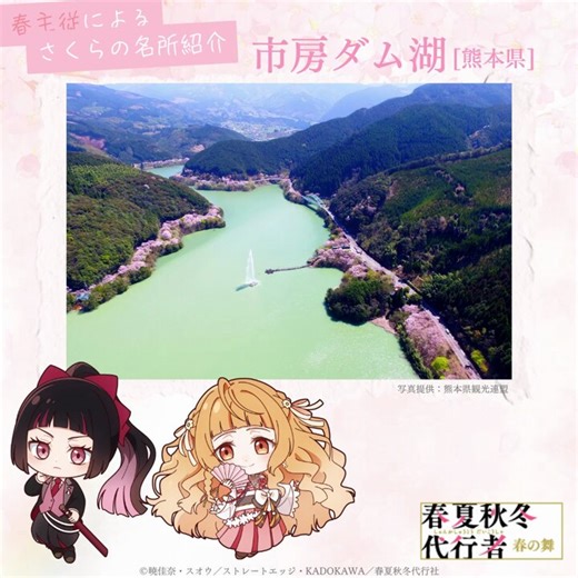 /⋰春主従による　さくらの名所紹介🌸˚.\⋱日本さくらの会が選定する「さくらの名所100選」より雛菊とさくらがご紹介！今週は🌱市房ダム湖🌱▼放送／配信情報はこちらhttps://t.co/tS9n73iXxF#春夏秋冬代行者