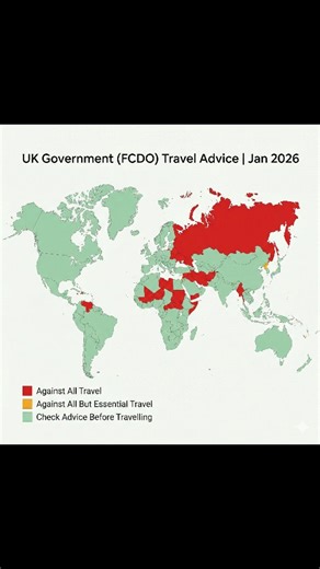 Official UK Gov Advice Map (Jan 2026) ​Planning your travels for the year ahead? 🌍✈️ Before you book that flight, it is crucial to check the latest safety guidance from the UK Foreign, Commonwealth & Development Office (FCDO). We’ve visualised the current advice as of January 2026 to help you understand where is currently deemed unsafe. ​🔴 RED ZONE: Against All Travel The government advises against travelling to these countries entirely. The risks range from active conflict and political insta