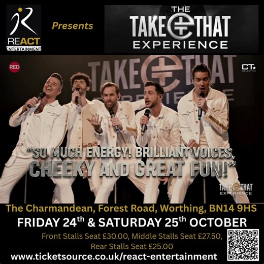 Get ready for two unforgettable nights with TAKE THAT with the UK's No.1 tribute act The Take That Experience. Join us for an electrifying evening featuring as we welcome All Five Boys to the stage. Delivering all the greatest hits in a unique cabaret-style party atmosphere. Relive the magic with iconic tracks like “Back for Good” and “Everything Changes” in a lively setting, perfect for both die-hard fans and newcomers. Secure your tickets now at http://www.ticketsource.co.uk/react-entertainmen