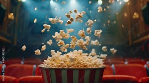 Popcorn exploding joyfully out of a striped bucket in a dimly lit cinema with red seats.