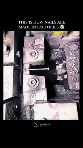 @sci.xplore on Instagram: "Nails are made in factories using steel wire that comes in large coils. First, the wire is pulled through machines to make it the right thickness. Then it's straightened and cut into pieces a bit longer than the nail size. One end of each piece is hammered to form the flat head, and the other end is sharpened into a point. Follow @sci.xplore More video #trendingreels #didyouknow #mindblowingfacts #intrestingfacts #factory #innovation #technology #technologytrends #howi