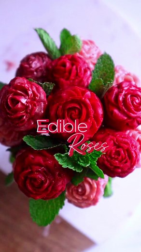 2 Ingredients edible roses in 10 minutes only!A bouquet of roses but make it edible This year the pressure is getting werser reason not to surprise your person!INGREDIENTS:- White chocolate- Red chocolate color- Strawberries- Mint leaves (optional)TOOLS NEED.- Rose mold -SkewersMETHOD:- Melt white chocolate by microwaving in intervals of 30 seconds until well melted. Color to your desired red/pink.- Dip a clean dry strawberry until fully covered with chocolate.- Let the excess chocolate dip into
