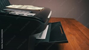 Print on a counterfeit one hundred dollar bill. Fake money, illegal actions. Illegal printing of money. American dollars print on A4 sheet.