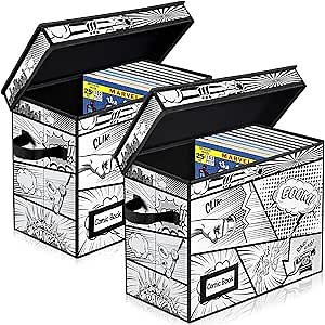 REDSHELL Comic Book Storage Box with Attached Lid, Collapsible Fabric Storage Bins with Handles 15" X 7.8" X 11.4", Toy Storage Bins with Lable Slot - Comic Book Bags and Boards with Pattern(2 Pack)