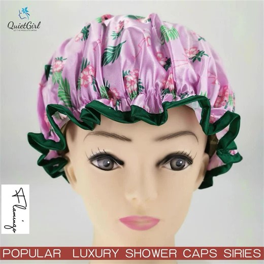 Luxury Satin Lined Shower Bath Cap for Women Reusable Waterproof Double Layer Adjustable Elastic Strap for Long Curly Straight