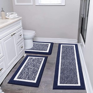 Findosom 3pcs Bathroom Rugs Set with U-Shaped Mat, Non Slip, Quick Drying, Ultra Soft and Water Absorbent Bath Rug Mat Carpet Machine Washable 18"x26" 18"x48" U Shape 20"x24" Navy