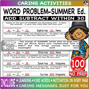 Addition & Subtraction within 30 word problem math worksheet Bright - Summer Ed.