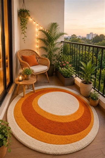 Retro 70s Style Round Rug | Mid Century Modern Orange & Yellow Circle Rug | Boho Balcony Decor | Vintage Inspired Sunburst Accent Area Rug - Etsy