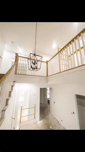 Client build of the #centuryoakfarmhouse This is the stair hall looking up towards the loft and large storage closet. is self-contracting their build and they are so close to the finish line! It is looking beautiful! #houseplans #floorplansofinstagram #homebuildingjourney #selfcontracting #ownerbuilder #homebuilding #homedesigns #homeplans #stairhall #stairdesign | Old Barn Company