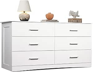 WLIVE White Dresser with 6 Drawers, Wide Wooden Chest of Drawers for Bedroom, Large White Storage Tower Unit, Modern Minimalist Closet Store Organizer for Living Room, Hallway