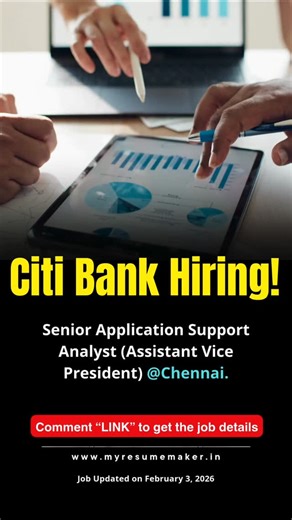 My Resume Maker on Instagram: "Join Citibank Chennai as a Senior Application Support Analyst (AVP). Lead the tech frontier in global banking! #BankingJobs #ChennaiCareers Senior Application Support Analyst (Assistant Vice President) Post Date: February 3, 2026 Location: Chennai, Tamil Nadu Skills Required: Java, Node.js, Python, REST APIs, GraphQL, MongoDB, NoSQL/SQL, Docker, CI/CD (Tekton, Harness). Eligibility: Bachelor’s degree in Engineering/Computer Science or equivalent; 8+ years of experi