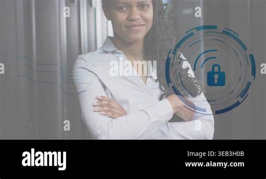 Animation of padlock icon and african american female engineer standing in data centre. Digital composite, network security, protection, networking, technology, network server, portrait, happy Stock Video Footage - Alamy