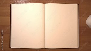 Opening notepad with turning pages on study desk, 3d animation.