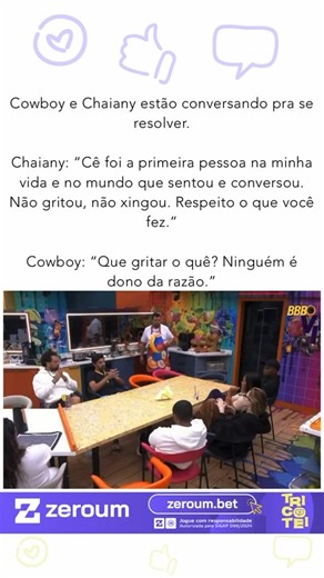 TRICOTEI on Instagram: "Enquanto tentavam se resolver, Chaiany quebrou o silêncio com um desabafo sincero. Ela confessou que Cowboy foi o primeiro em sua vida a escolher o diálogo em vez do conflito; ele não havia levantado a voz ou proferido ofensas, e aquele respeito significava muito para ela. Cowboy, mantendo sua postura equilibrada, rebateu com naturalidade que não havia motivo para gritos, afinal, ninguém era dono da verdade absoluta. 📽️ Imagem/Reprodução | TV Globo"