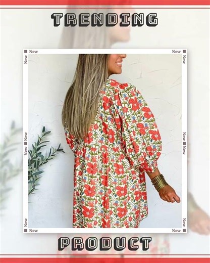 Red Floral Print Ricrac Trim V Neck 3/4 Sleeve Loose Mini Dress