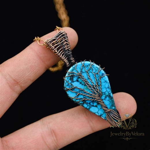 Turquoise Pendant, Tree of Life Wire Wrapped Pendant, Natural Gemstone Copper Jewelry Handmade Birthday & Anniversary Gifts for Him and Her - Etsy