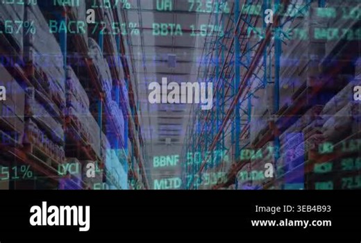 Animation of data processing over warehouse. Global business and digital interface concept digitally generated video.