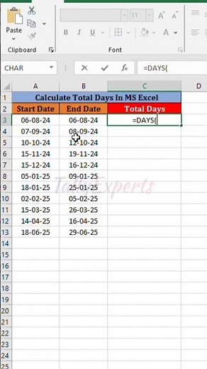 How to Use the DAYS Function in Excel #shortsfeed #shorts #viral #excel #excelbasic