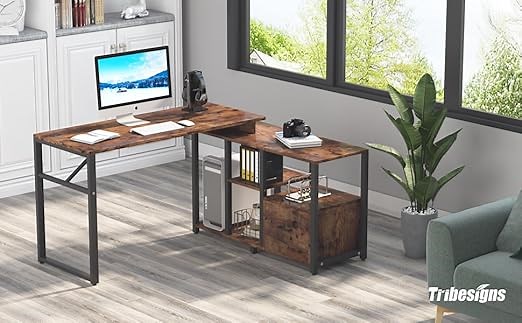 Rotating L-Shaped Computer Desk with Letter Size File Drawer
