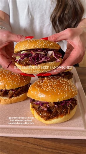 Nicole Keshishian | KALEJUNKIE® on Instagram: "@kalejunkie BBQ SHREDDED BEEF SANDWICHES WITH NO-MAYO TANGY SLAW 🤗 a 12/10 winner! The beef is my new barbecue chuck roast recipe (see my last reel 👀) which takes less than 10 min to prep. And while it’s in the oven, make the simple vinegar slaw (no mayo bc I hate mayo 🙅🏻‍♀️) and then assemble your sandwiches! I promise this will be one of the best bbq beef sandwiches you’ll ever have, guaranteed 😏!⁣ ⁣ 👉🏼👉🏼 Be sure to: SAVE this post, SHARE