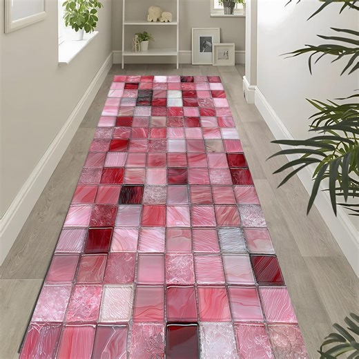 Pink Mosaic Runner Rug Soft Red Glass Tile Pattern, Elegant Modern Hallway Carpet - Etsy